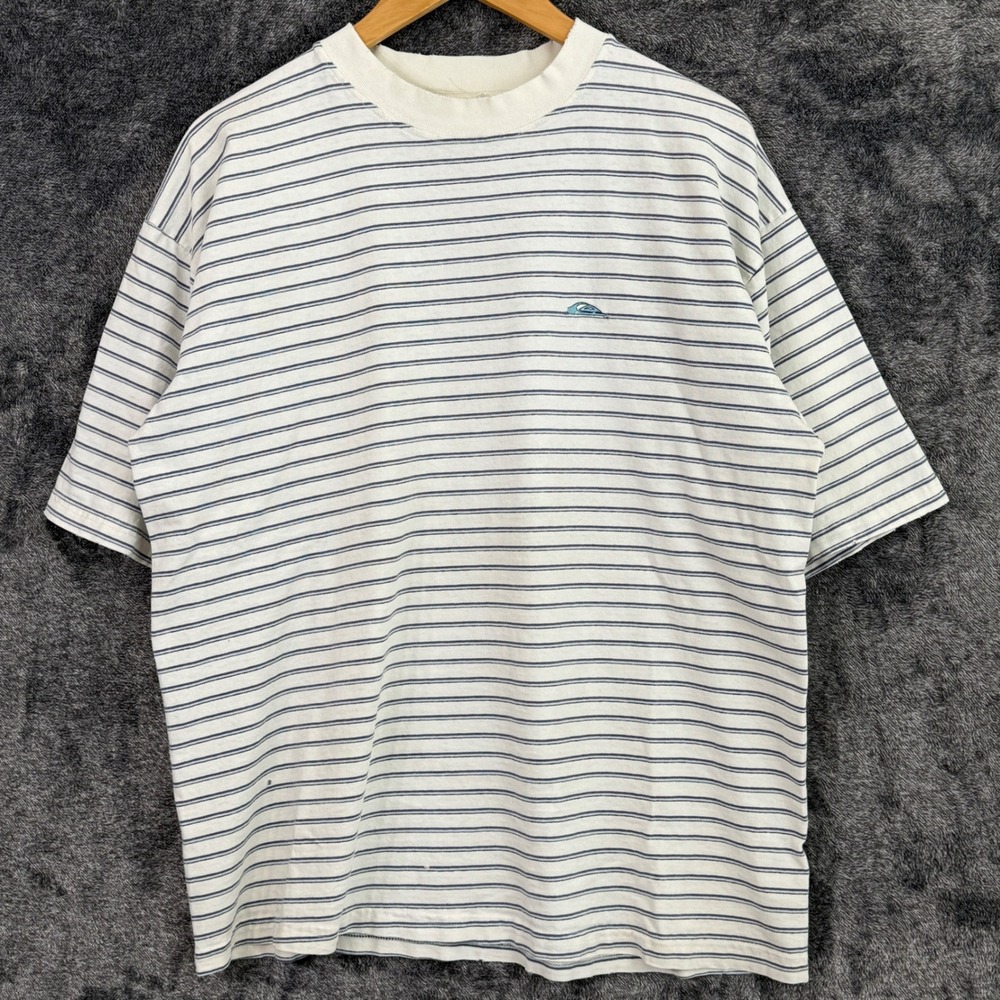 Vintage Quiksilver Striped T-Shirt Medium Oversized White Blue 90s Surf Skater